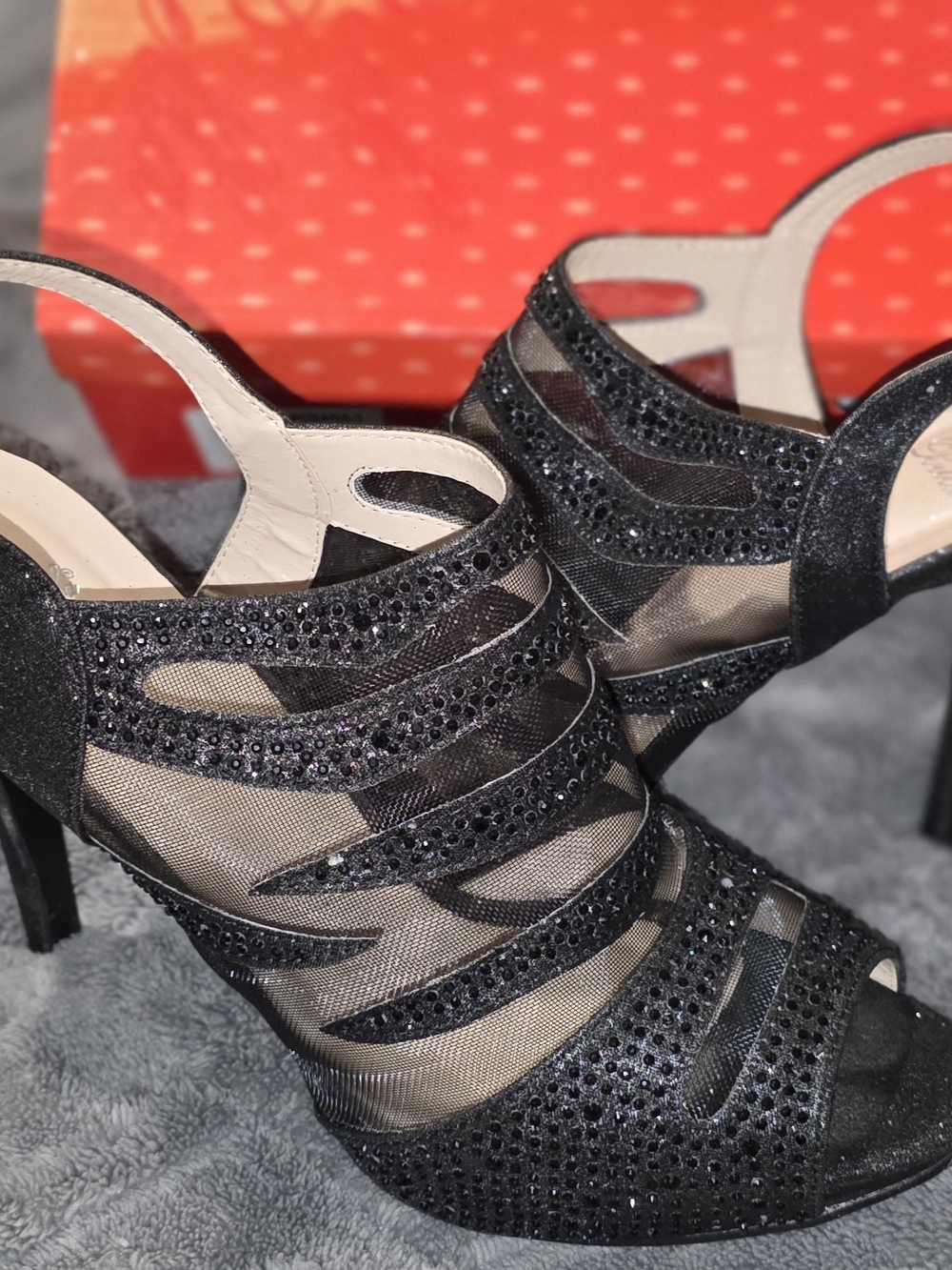 Black Crystal Mesh Slingback Heels - Women's Evening Pumps